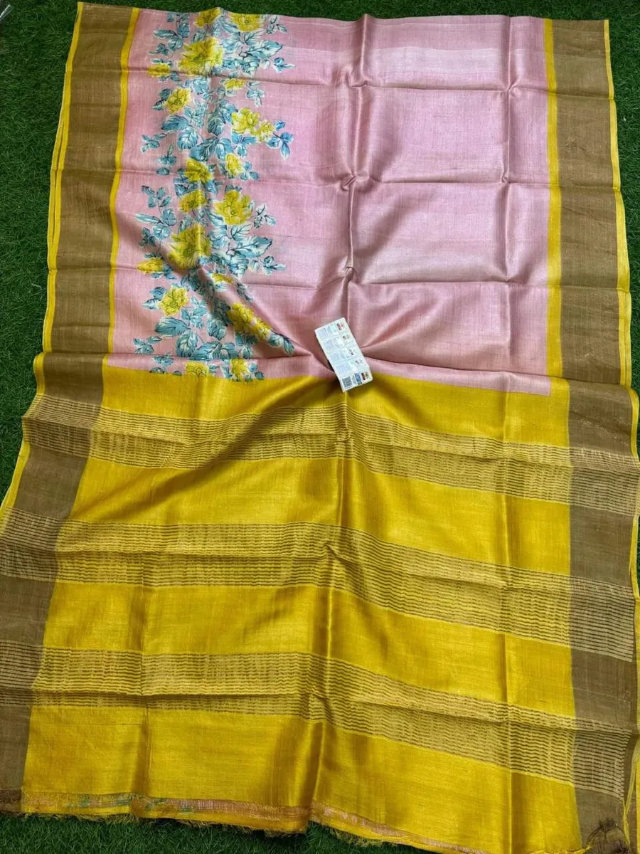 Pure handloom tussar silk zari border digital design printing block print with silk mark tag